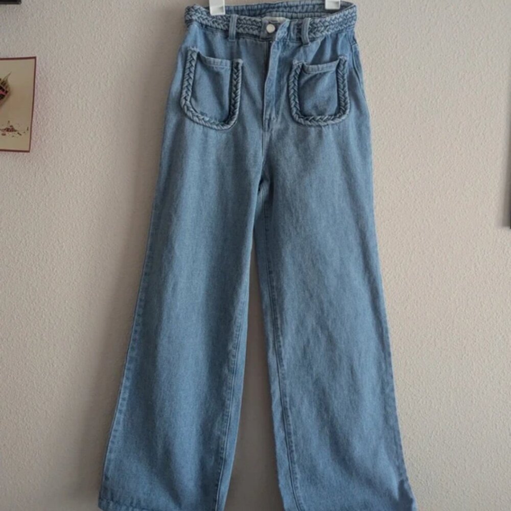 70s style high waisted bell bottom wide leg jeans